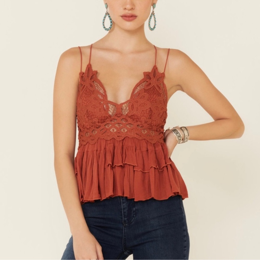 Free People ADELLA Winding Roads Rust Color  Ruffle & Lace Camisole